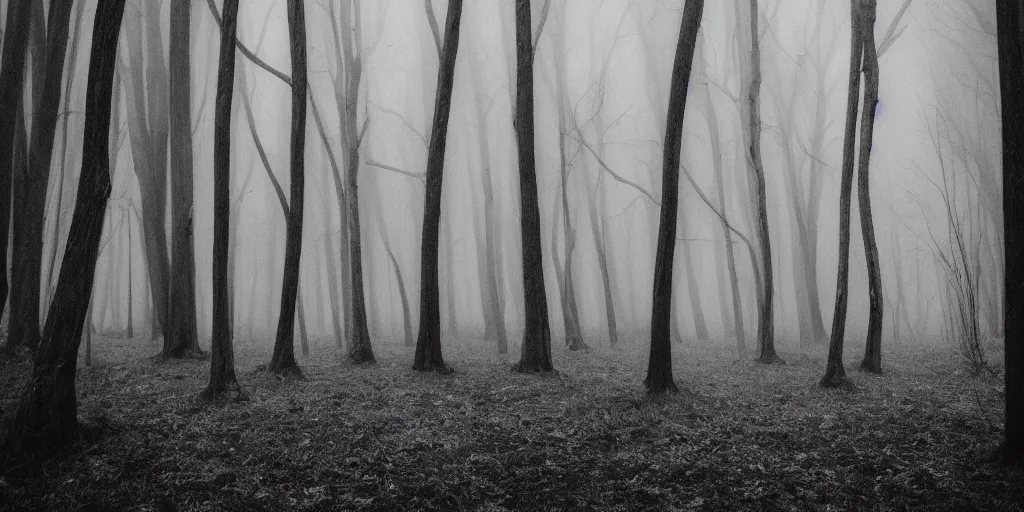 Prompt: dark creepy trees arching grayscale fog