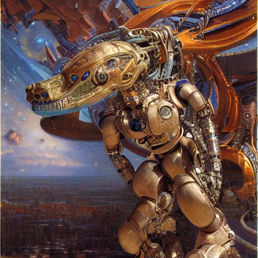 Prompt: highly detailed painting of a robotic humanoid lizard mecha, painting by gaston bussiere, craig mullins, j. c. leyendecker, lights, art by ernst haeckel, john william godward, hammershøi, alex grey, dmt, symmetric, masterpiece details, hyper - detailed, hd, hdr, 4 k, 8 k