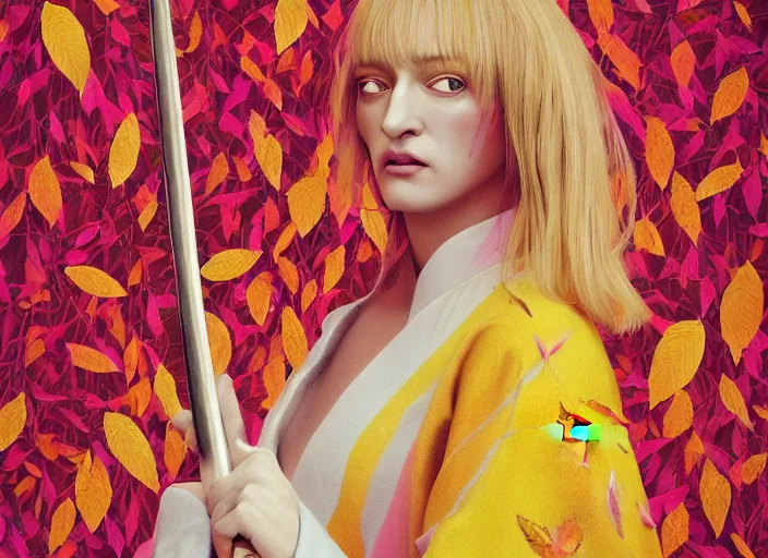 Image similar to breathtaking detailed pattern pastel colors of uma thurman ( kill bill ) in yellow kimono, with hatori hanzo katana sword and autumn leaves, by hsiao - ron cheng, bizarre compositions, exquisite cinematic detail, enhanced eye detail