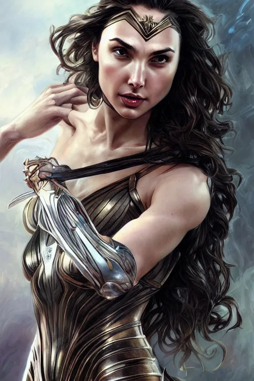 Image similar to gal gadot - varsano, anatomy, cute, fantasy, intricate, elegant, highly detailed, digital painting, 4 k, hdr, concept art, smooth, sharp focus, illustration, art by artgerm and h r giger and alphonse mucha