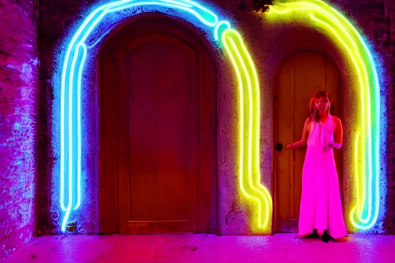 Prompt: A photograph of a woman standing in a snail shape interior space with an arched door glowing white at the end, neon colors,F3.5,ISO640,18mm,1/60,Canon EOS 90D.