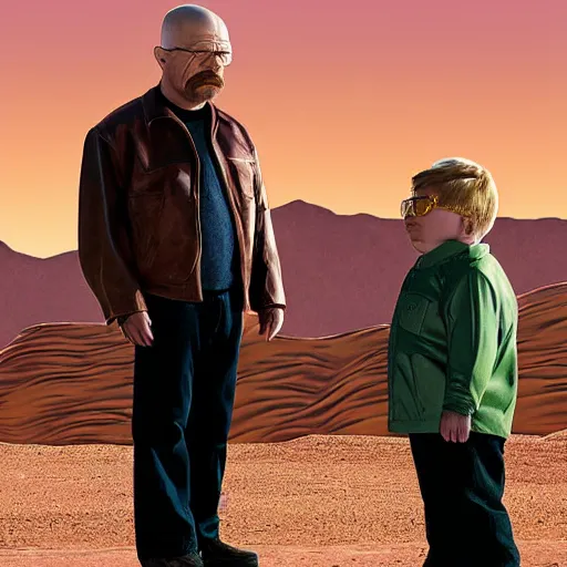 Prompt: walter white from breaking bad wearing a leather jacket, meets with eric cartman in the desert, day time, photograph, realistic