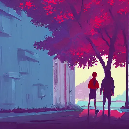 Image similar to a teenage girl and a teenage boy and a cat, art by Alena Aenami