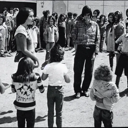 Prompt: an alien leads a round dance with children in a kindergarten of the soviet union, top secret style, old photo, 7 0 s