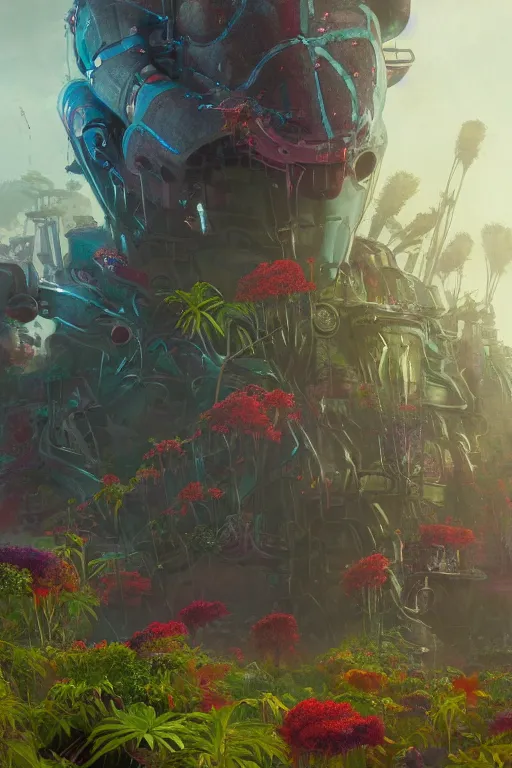 Image similar to a portrait of a giant colorful robot in plants by greg rutkowski, sung choi, mitchell mohrhauser, maciej kuciara, johnson ting, maxim verehin, peter konig, bloodborne, 8 k photorealistic, cinematic lighting, hd, high details, dramatic, dark atmosphere, trending on artstation