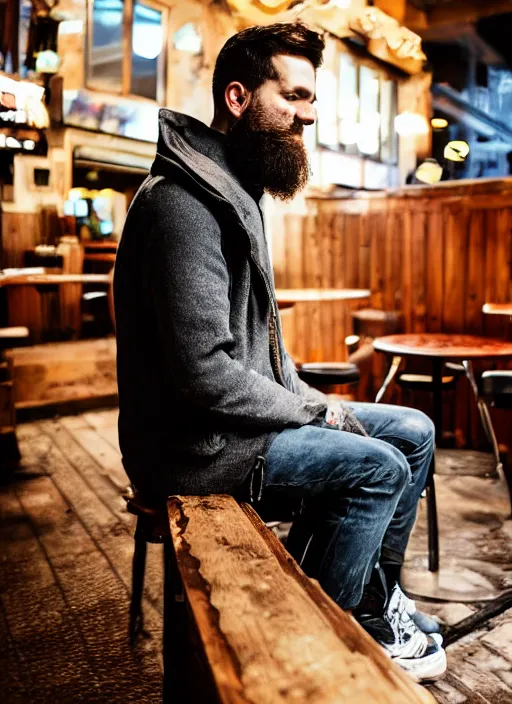 Image similar to Photography of a sad fully bearded man wearing warm clothes and carrying a huge travel backpack, drinking and smoking , sitting in a bar, full body shot, atmospheric lighting , wide angle lens