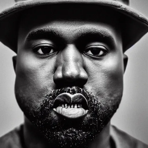 Image similar to Portrait studio photograph of Kanye West & an anthropomorphic teddy bear, close up, shallow depth of field, in the style of Felice Beato, Noir film still, 40mm