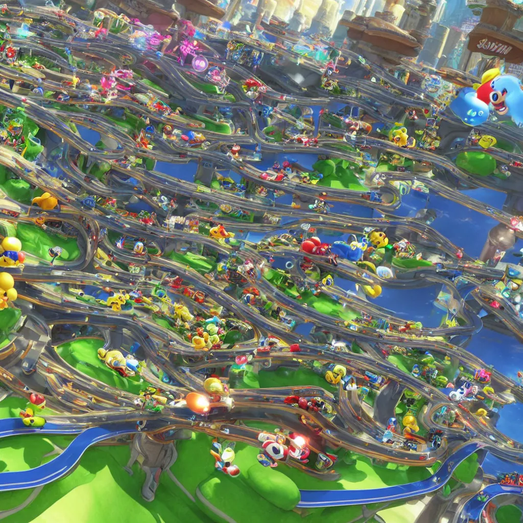 Prompt: mario kart 8 deluxe closeup racetrack