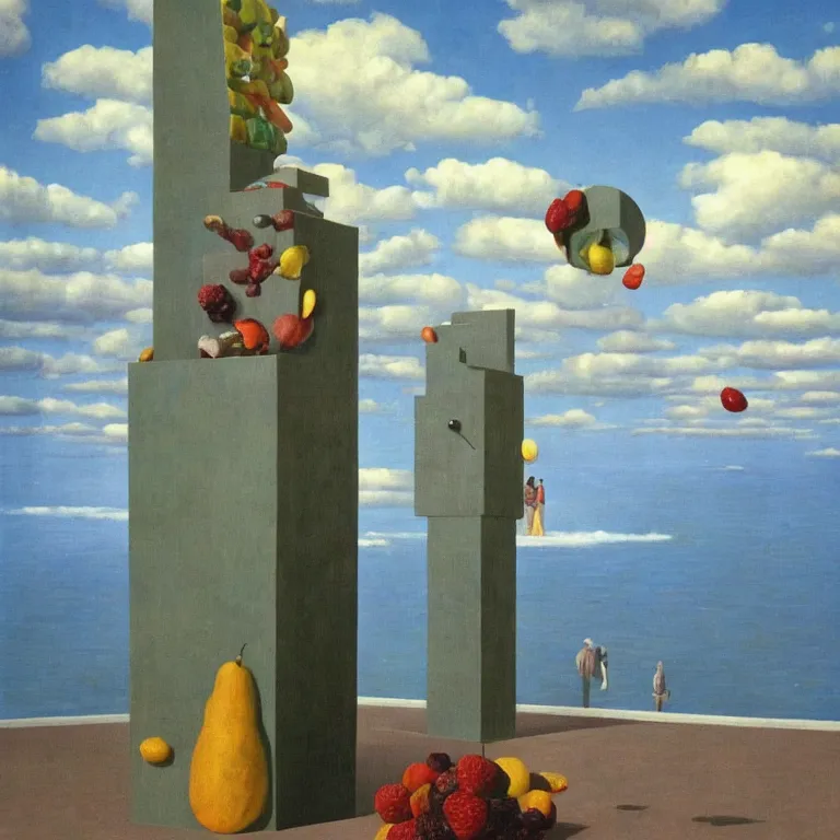 Prompt: A Monumental Public Sculpture of a 'Time Machine for Mistakes made out of Fruit Snacks' on a pedestal by the Sea, surreal oil painting by Rene Magritte and Max Ernst shocking detail hyperrealistic!! Cinematic lighting