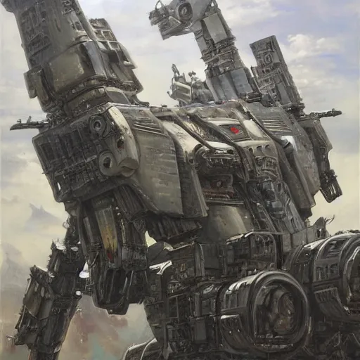 Image similar to oil painting of a huge military mech, sleek, elegant, anime style, highly detailed, complex, intricate by james gurney