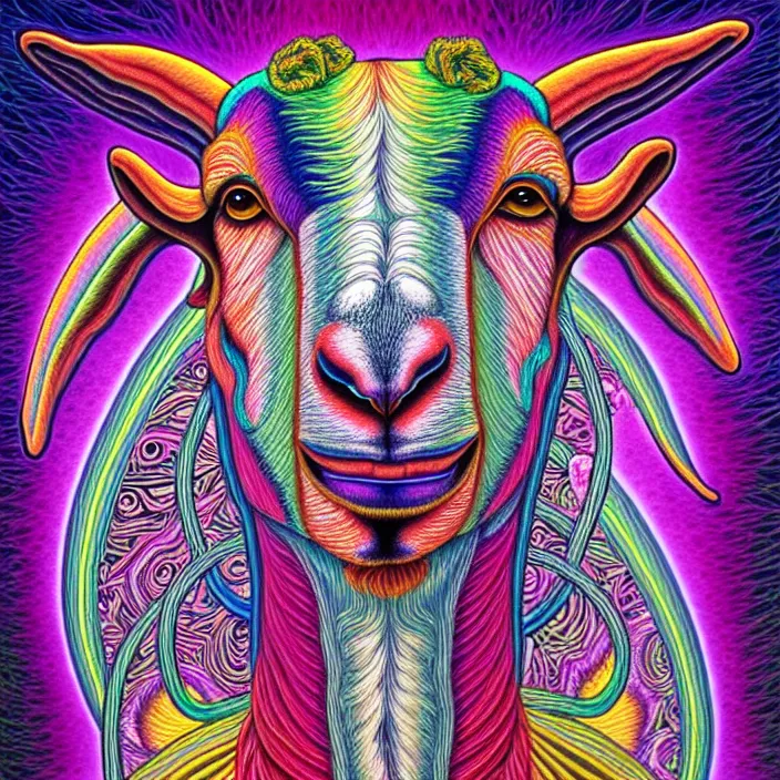 Image similar to psychedelic goats, by alex grey, intricate details, artstation, furry, beautiful