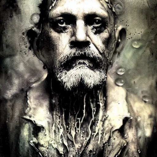 Image similar to wet collodion photography of innsmouth dweller mutant early xx century fisherman sailor old man with gills and scales creatures from the deep ocean by emil melmoth zdzislaw beksinki craig mullins yoji shinkawa realistic render ominous detailed photo atmospheric by jeremy mann francis bacon and agnes cecile ink drips paint smears digital glitches glitchart