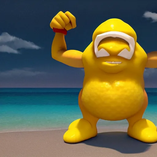 Prompt: a lemon cartoonish character, that is muscular, is relaxing on a beach, inspired by dalle - 2, octane render, 3 d, volumetric lightening