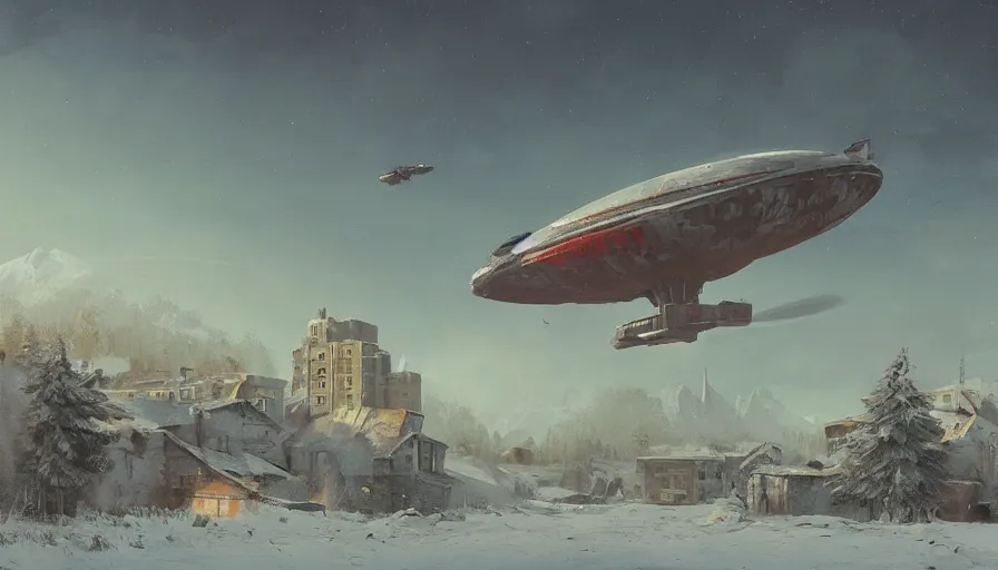 Image similar to a beautiful matte painting of a flying space ship over old soviet village, simon stalenhag and jakub rozalski and alan bean, trending on artstation, realistic rendering