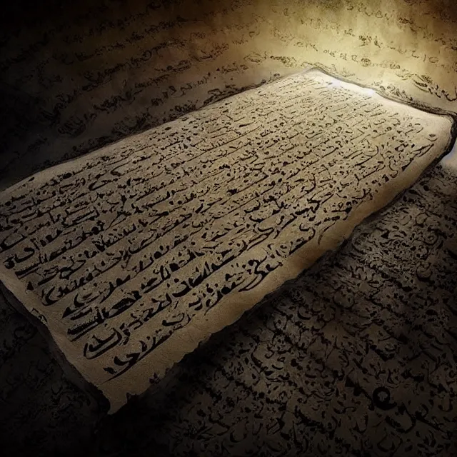 Image similar to ultra - realistic photo an evil - looking dead sea scroll with nabeatean aramaic in short sideways columns, dark, brooding, volume lighting, atmospheric lighting, painted, intricate, ultra detailed by leesha hannigan, thierry doizon, kai carpenter, well composed, best on artstation, cgsociety, epic, stunning, gorgeous, intricate detail, wow, masterpiece