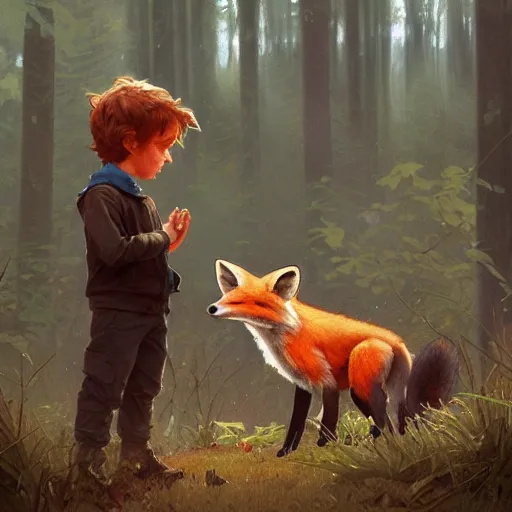 Image similar to a little boy talking to a fox in the woods. highly detailed, digital painting, artstation, concept art, smooth, sharp focus, illustration, cinematic lighting, art by artgerm and greg rutkowski and alphonse mucha