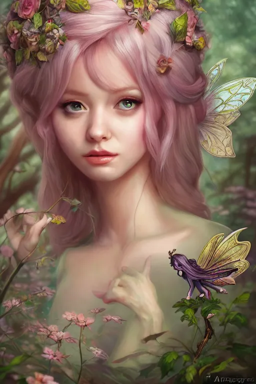 Image similar to a cute fairy in the dreamy forest, fantasy, 8 k resolution, hyper detailed, d & d, character design, digital painting, trending on artstation, sharp focus, illustration, art by artgerm, steve zheng, fuji choko, viktoria gavrilenko, hoang lap