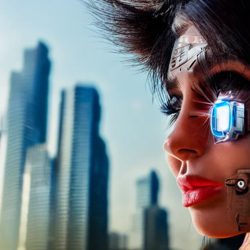 Prompt: close up on a woman\'s face with a log of cybernetic components. Futuristic city in the background. Very detailed. 55mm lens