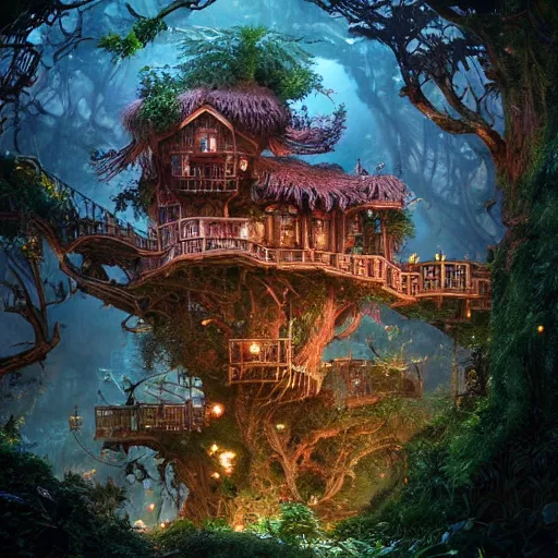 Image similar to an elaborate treehouse overgrown by bioluminescent plants, an ultrafine hyperdetailed illustration by kim jung gi, irakli nadar, intricate linework, bright colors, octopath traveler, final fantasy, unreal engine 5 highly rendered, global illumination, radiant light, detailed and intricate environment