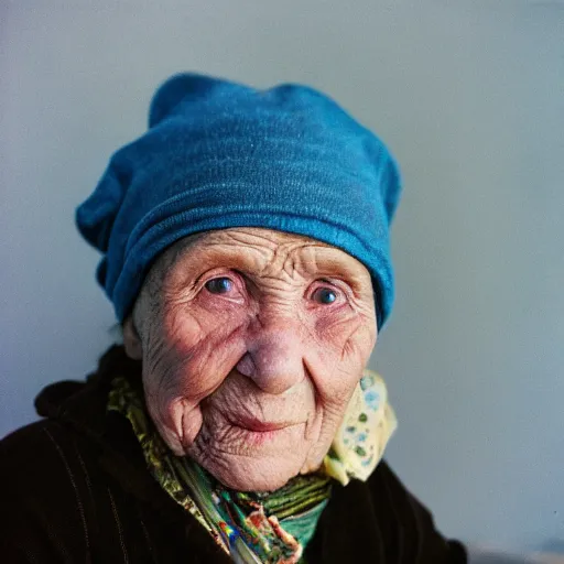 Prompt: a portrait of an old woman, her face wrinkled and her eyes wise. she is wearing a bright scarf around her neck, and there is a cat perched on her lap. the background is a deep, rich blue. cinestill 8 0 0 t