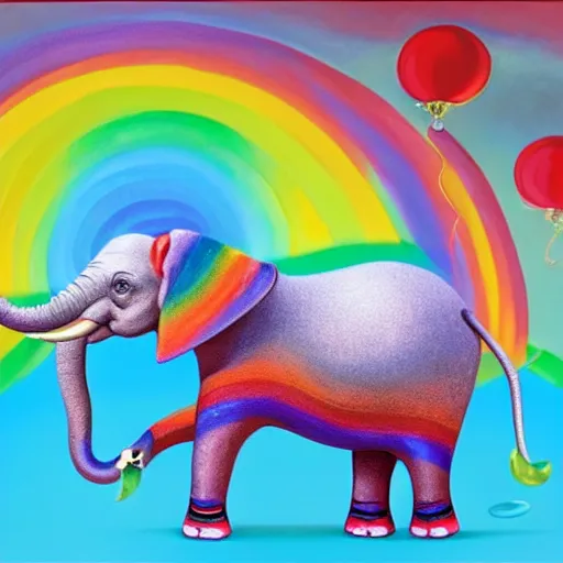 Image similar to a surreal picture of a rainbow - coloured elephant by mark ryden insanely quality, elegant, highly detailed, digital painting, artstation, concept art, pop, smooth, sharp focus, illustration, art by mark ryden and lisa frank and dali 3 d 8 k ultra detailed