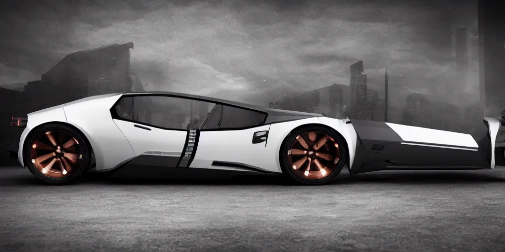 Image similar to a design of a futuristic DMC Delorian, designed by Polestar, blade runner background, stained antique copper car paint, white wheel rims, black windows, sportscar, dark show room, dramatic lighting, hyper realistic render, depth of field