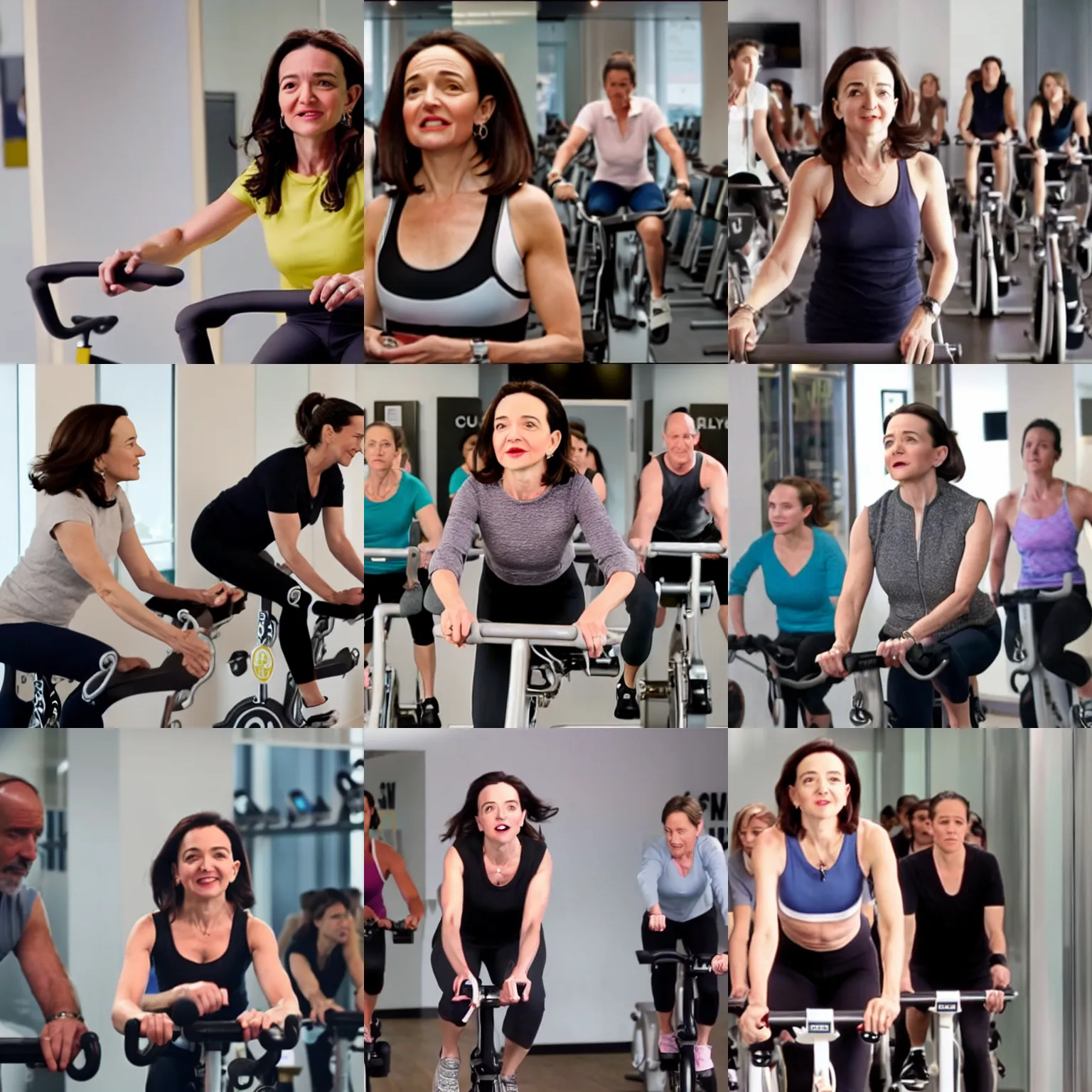 Prompt: Film still of Sheryl Sandberg in SoulCycle (2017), directed by Steven Spielberg