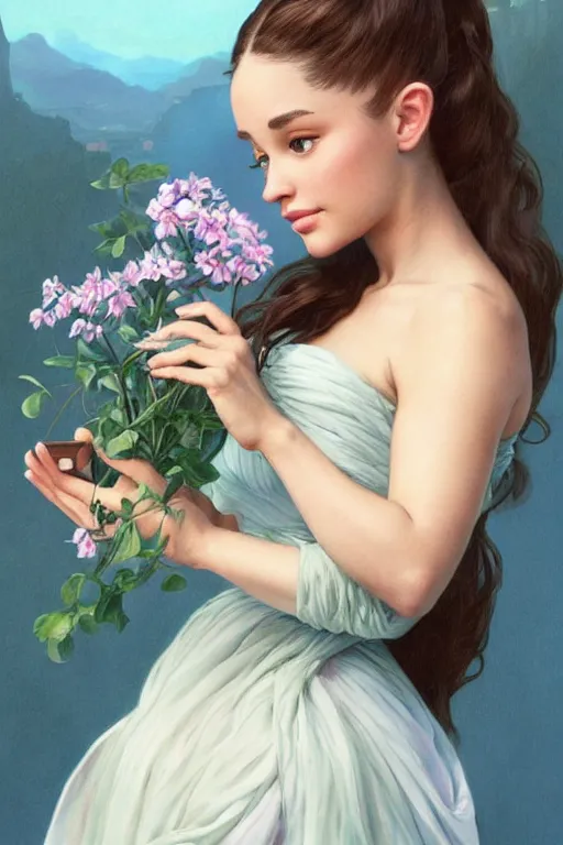 Image similar to beautiful cottagecore Ariana Grande holding a babyblue colored vase. intricate, elegant. the background is babylue !. highly detailed, digital painting, artstation, concept art, smooth, sharp, focus, illustration. . art by artgerm and greg rutkowski and alphonse mucha