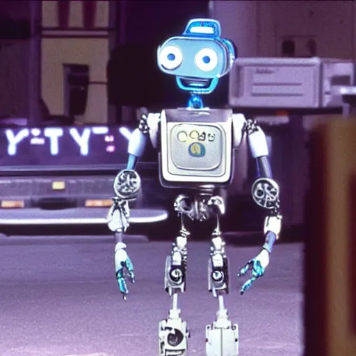 Prompt: robot Johnny 5 in Short Circuit 1986, cinematic still by Nick McLean