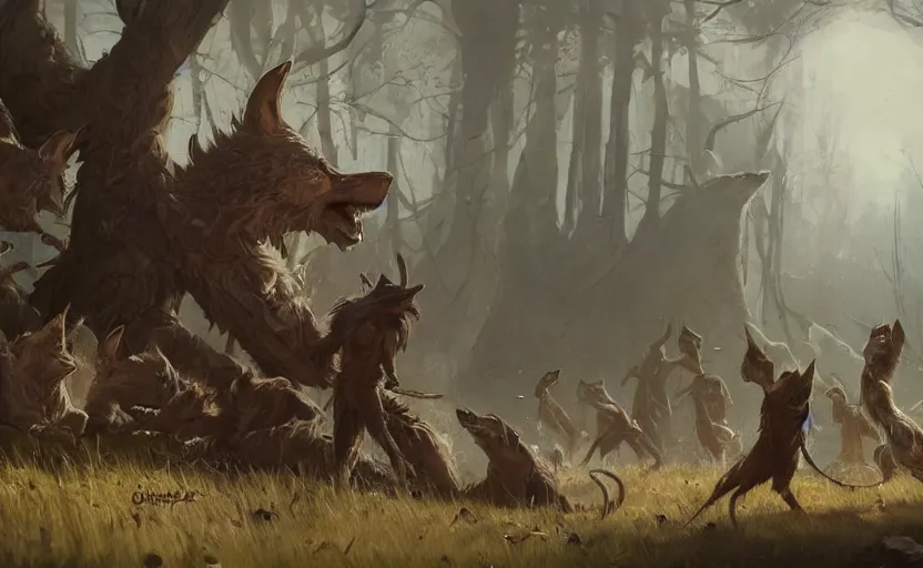 Prompt: A painting of cabbit finds himself surrounded by a clan of tribal werewolves trending on artstation in the style of Greg Rutkowski