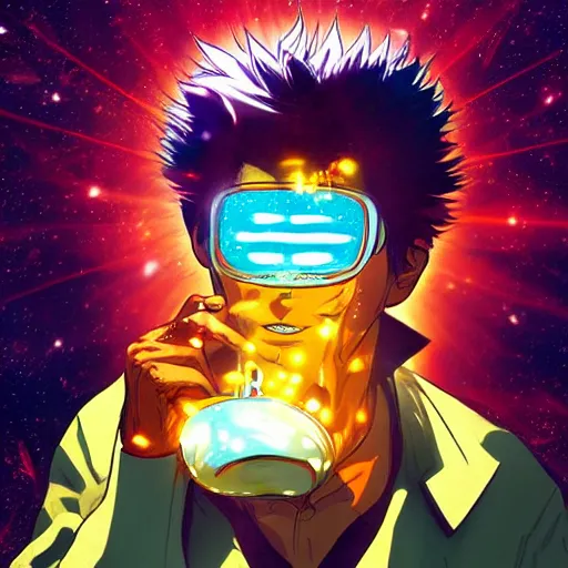 Image similar to A man drinking a cup of cosmic energy bright light by Masafumi Harada, 4k, digital art, surreal, anime style, space dandy style, highly detailed, godsend, artstation