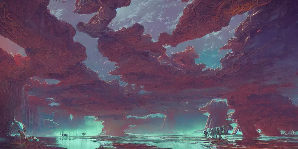 Image similar to pilgrimage to saturn, a highly detailed cinematic oil painting by roger dean and alena aenami, dynamic lighting