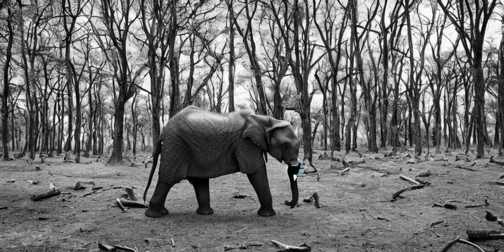 Prompt: a forest of trees growing from the spine of an elephant, in the background is a barren landscape filled with tree stumps recently cut down, sad, lonely, wide angle photo, in the style of a nature documentary