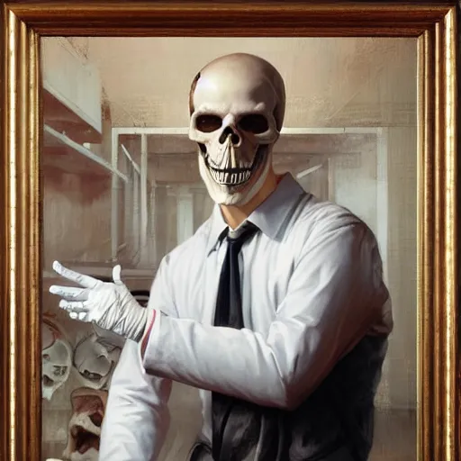 Prompt: Portrait of a suited blond with medical gloves and a skull face mask, by Gerald Brom, Kim Kyoung Hwan and Norman Rockwell