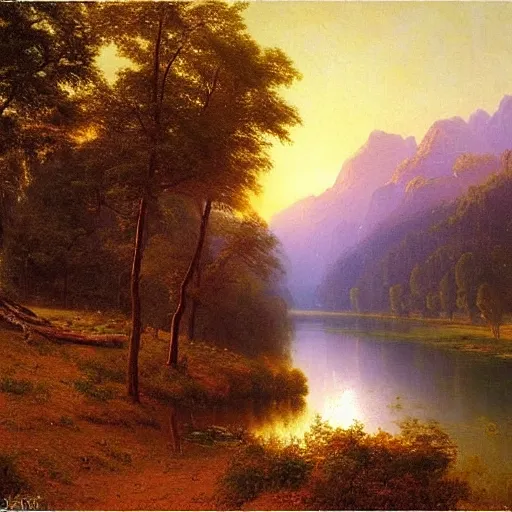 Image similar to scenic landscape of a valley at dawn, Albert Bierstadt, inspiring, realistic painting