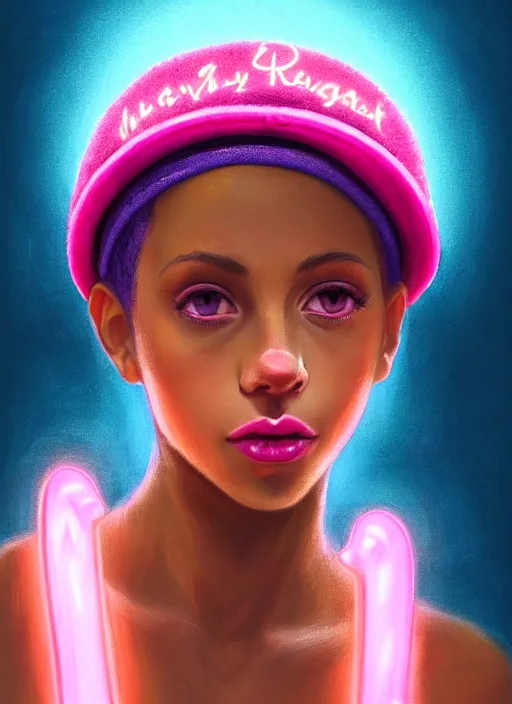 Image similar to portrait of teenage vanessa morgan with bright pink hair, black girl, curly pixie cut hair, wearing newsboy cap, pink short haircut, newsboy cap, hoop earrings, blue eyes, intricate, elegant, glowing lights, highly detailed, digital painting, artstation, concept art, smooth, sharp focus, illustration, art by wlop, mars ravelo and greg rutkowski