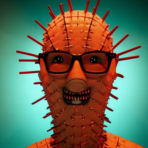 Prompt: blippi - pinhead - hellraiser, indoors, cinematic - lighting, photorealistic, high - detail, 4 k, octane render,