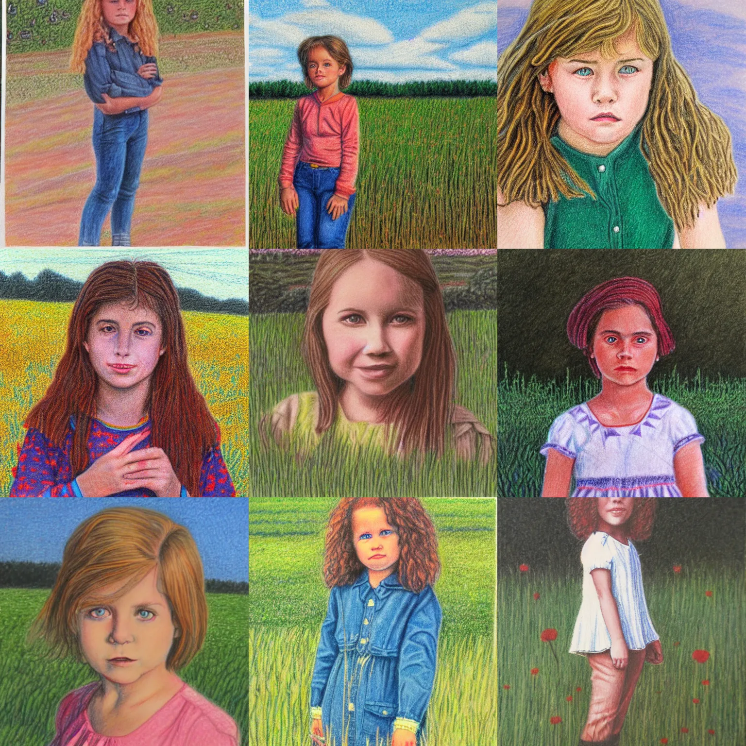 Prompt: 1 9 8 0 s portrait colored pencil drawing of curious girl standing in field looking at camera.