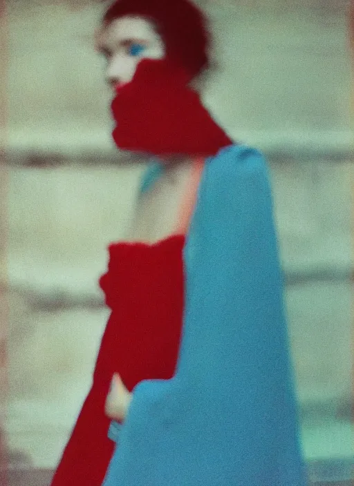 Prompt: ( out of focus ), head to shoulders woman, photography by saul leiter and ernst haas in a decorated pompeii peristylium, tea green, airforce blue, red, pale skin, closed eyes