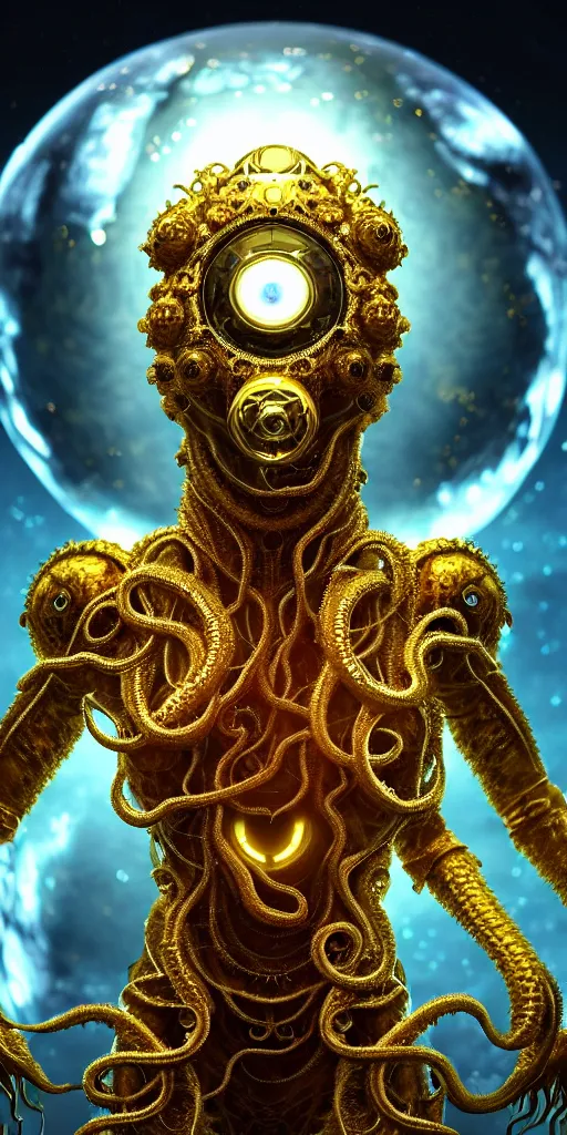 Image similar to a portait of a 8k ultra realistic corrupted lovecraftian golden humanoid queen standing next to a spaceship window overlooking earth, 8 intricate white and gold tentacles, ornate white and gold armour, cinematic lighting, trending on artstation, 4k, hyperrealistic, focused, extreme details, unreal engine 5, cinematic, masterpiece