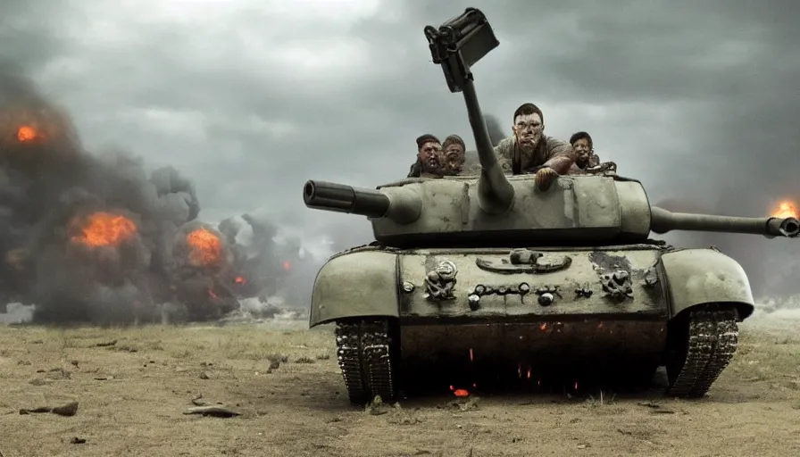 Image similar to big budget movie about a world war 2 where zombies are attacking a tank
