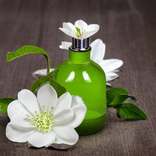 Image similar to perfume bottle surrounded by white flowers, green leaves, and pears, soft zen minimalist, white background, bright, crisp