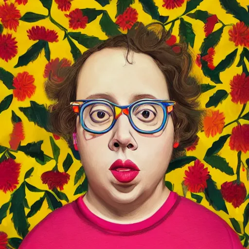 Image similar to colorful and festive cute young plus size todd solondz with tan skin, clear sharp todd solondz face, wearing yellow floral blouse. full body, rich vivid pastel colors, ambient lighting, dynamic lighting, 4 k, atmospheric lighting, painted, intricate, highly detailed by francis bacon and charlie bowater