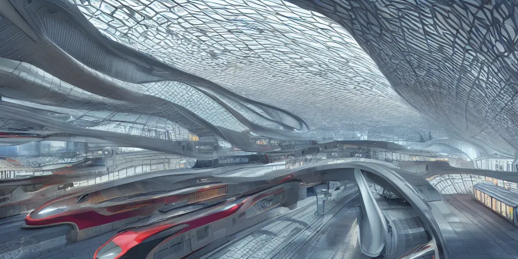 Image similar to complex and beautiful organic train station hall, designed by zaha hadid, bold colors, unreal engine 5 render, keyshot render, octane render in style of artstation trending colors, ultra high detail, ultra realistic, 8k