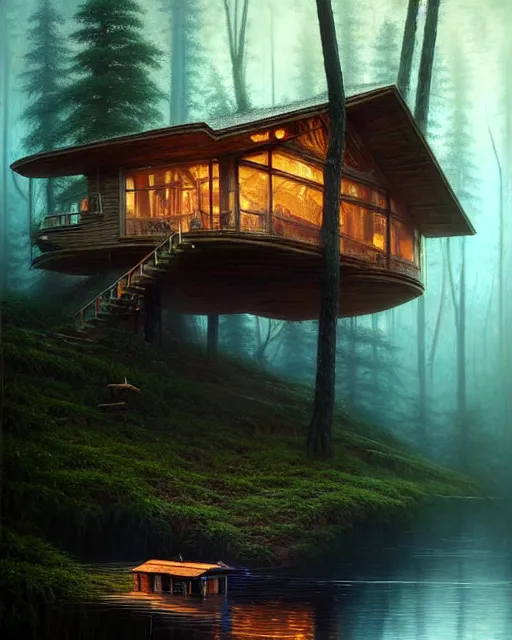 Image similar to a hyper - detailed 3 d render like an oil painting of cabin in the woods floating inside our own consciousness!!!!! surreal concept art, lifelike, photorealistic, digital painting, aesthetic, smooth, sharp focus, artstation hd, by greg rutkowski, bruce pennington, valentina remenar, rhads, asher duran,