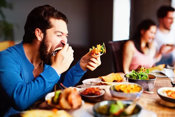 Image similar to a man unhinging his jaw while eating dinner with his family