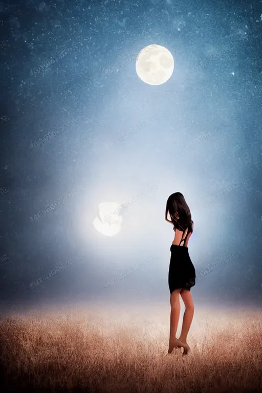 Image similar to the beauty girl standing under a full bright moon, in the evening, cosy environment, back to face, simple and fresh style, dark tones