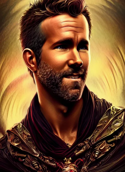 Image similar to portrait of ryan reynolds, d & d, wet, shiny, fantasy, intricate, elegant, hyper detailed, ultra definition, photoreal, artstation, unreal engine rendered, concept art, smooth, sharp focus, illustration, art by artgerm and greg rutkowski and alphonse mucha and garis edelweiss