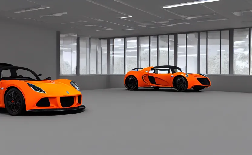 Image similar to futuristic lotus exige ( ( orange ) ) parked within interior view of futuristic auto showroom ( ( frank lloyd wright ) ) luminescent concept art, unreal engine 5, artstation highly detailed, digital art, 8 k hdr, soft lighting, hyperrealistic, godrays