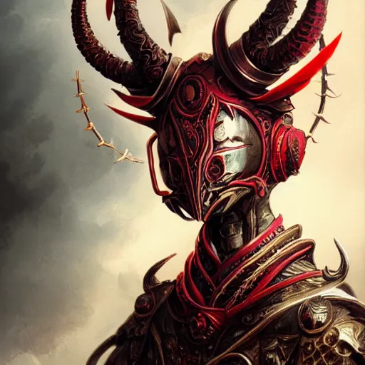 Prompt: An ornate front facing helm with large horns, Black steel with red trim, pulsing in blood red energy, intricate, elegant, highly detailed, digital painting, artstation, concept art, smooth, sharp focus, illustration, art by anato Finnstark and Peter mohrbacher,